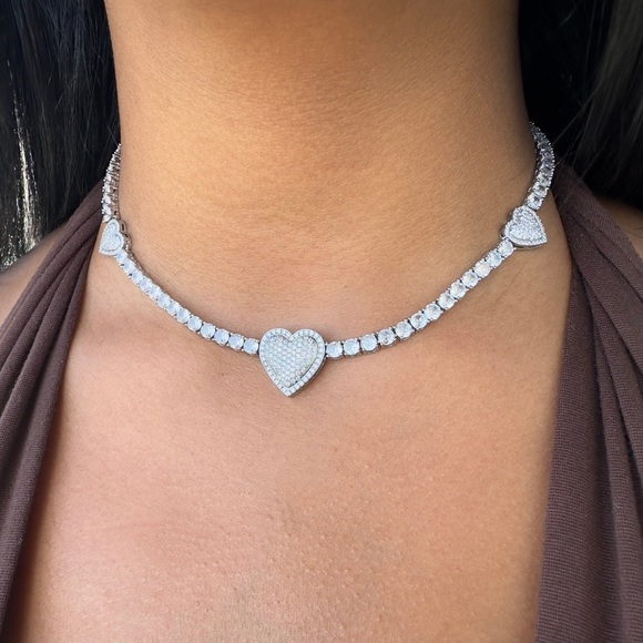 Tennis Silver Heart Necklace 16inch - Picture 2 of 5